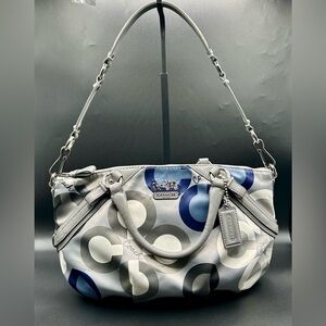 COACH Madison Sophia Satchel Sateen Signature Logo Print with Leather Trim.